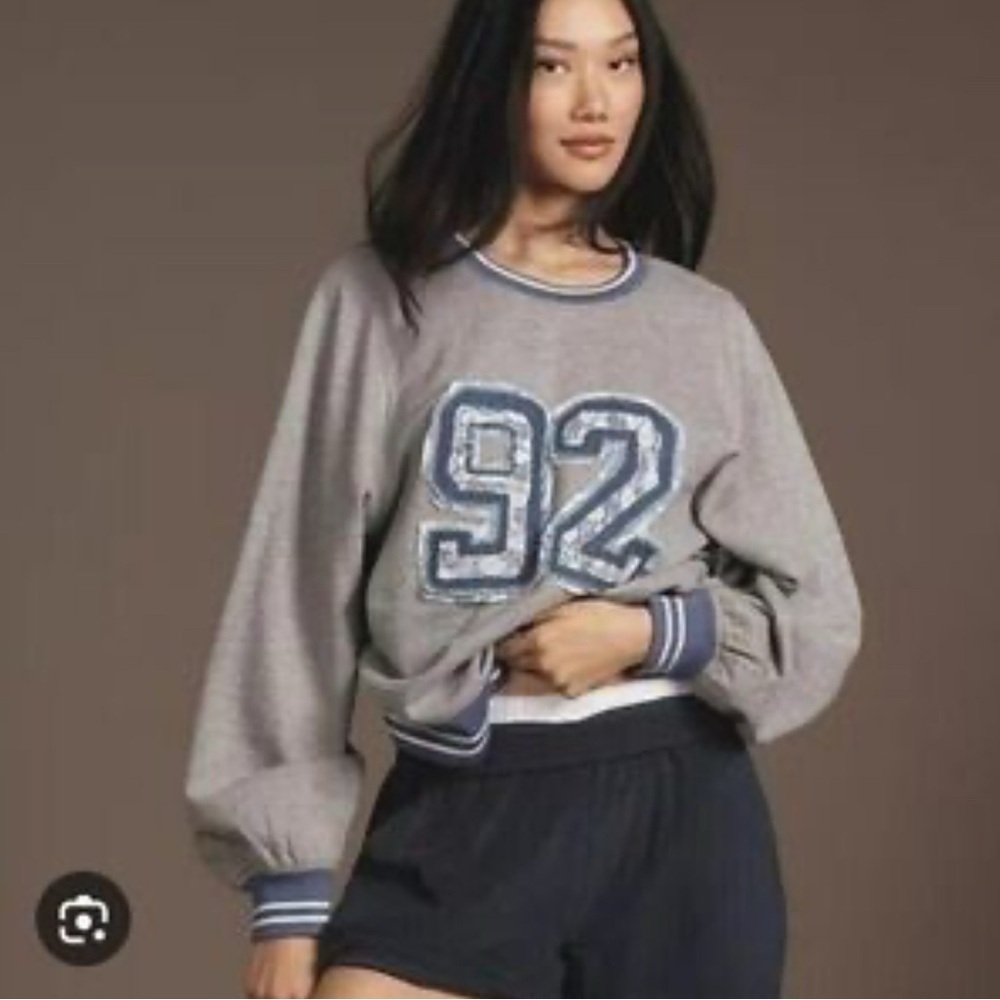 Anthropologie Pilcro Gray Sweatshirt with Blue Number lace Design size small